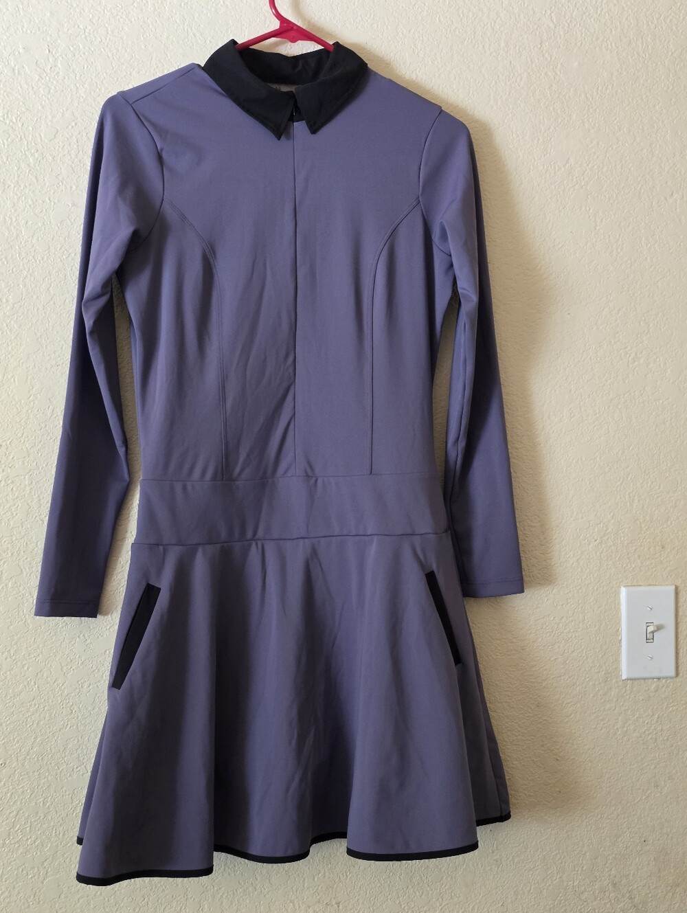 OLAYA Sport Purple Long Sleeve Fit-and-Flare Dress with Black Collar Size L.